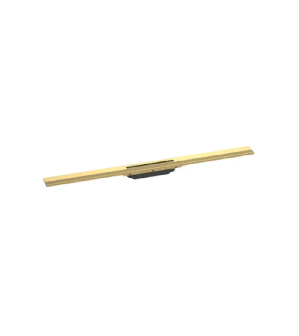 Duschrinne aus Metall mit einer polierten Gold-Optik, von Hansgrohe, zur Verwendung in Duschbereichen, flexibel kürzbar, montiert auf einem schwarzen Grundelement.